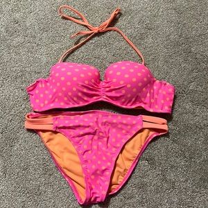 Hot pink & salmon polka dot bikini - tie back & can wear as bandeau! Brand new!